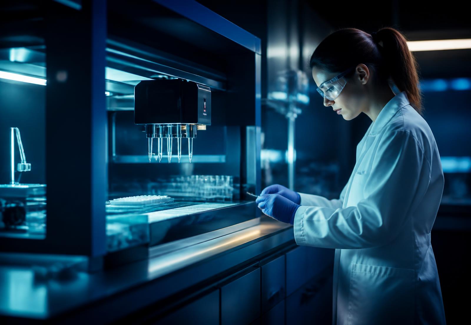 Automated liquid handling instrumentation inside the Cytosomatic Labs research suite