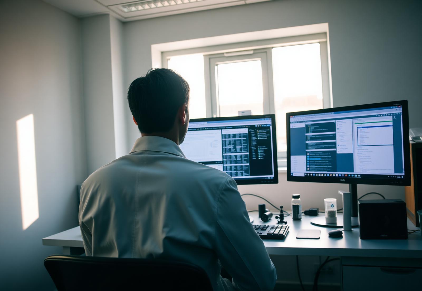 Researcher reviewing incoming research correspondence at a lab workstation