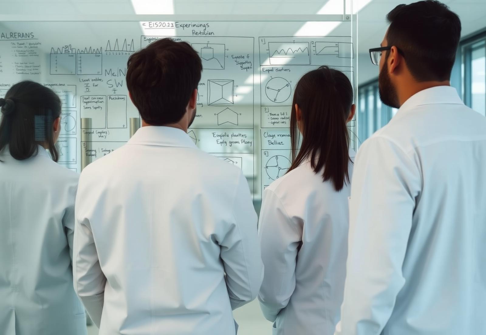 Research team reviewing study designs written on a glass planning wall