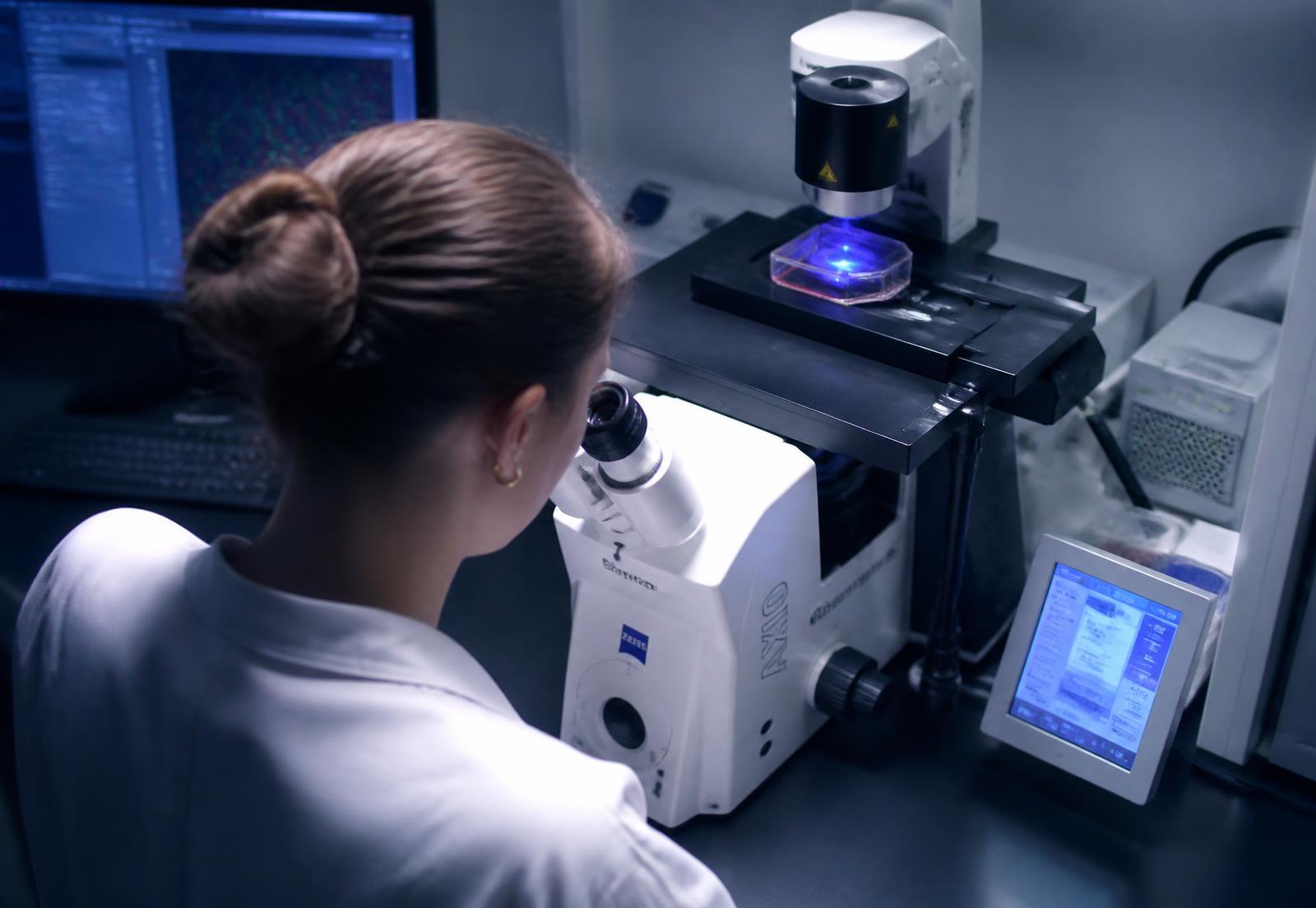 Researcher examining samples through a fluorescence microscope, viewed from behind