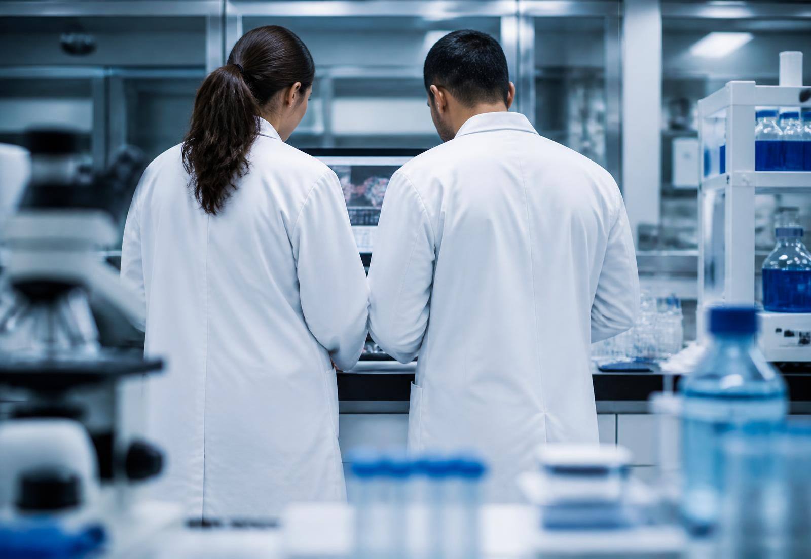 Two Cytosomatic Labs researchers reviewing data together, viewed from behind