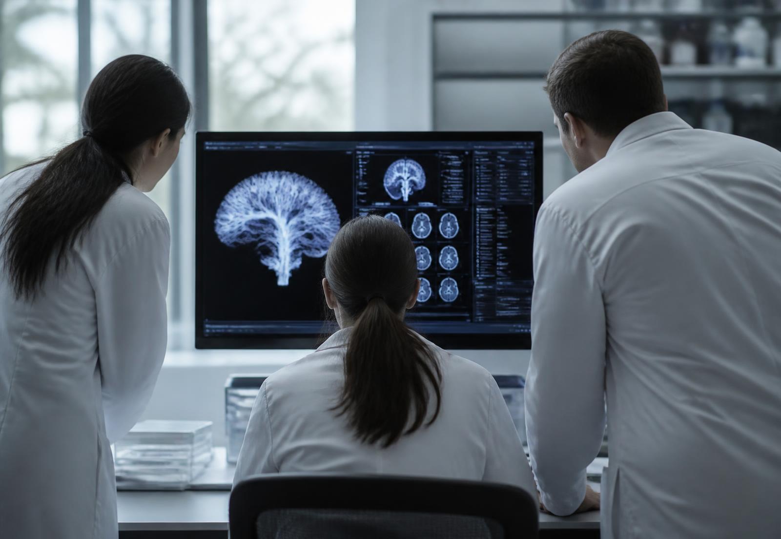 Three researchers reviewing neural imaging datasets on a monitor, seen from behind